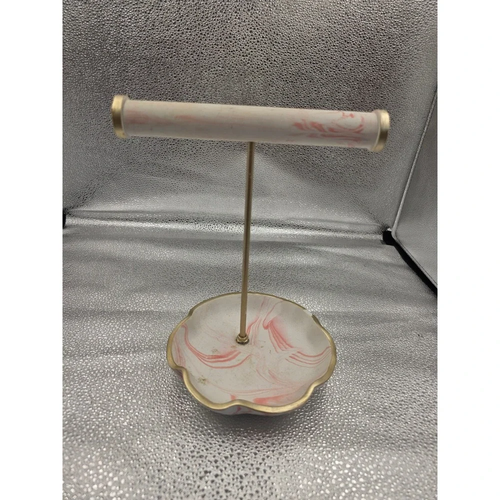 Pink Marbled Jewelry Stand T-Bar Bracelet Holder Catchall Tray Gold 373024 O1